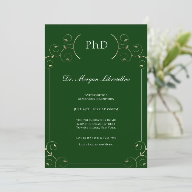Convite PhD Dourado Graduação Verde Elegante (Em pé/Frente)