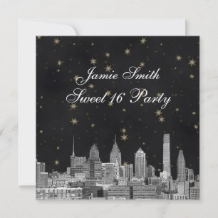 Convite Philadelphia Skyline Black Dourada Star Sweet 16