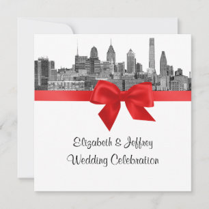 Convite Philadelphia Skyline Etch BW Casamento Vermelho