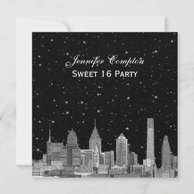 Convite Philadelphia Skyline Etch Starry DIY SQ Sweet 16 (Frente)