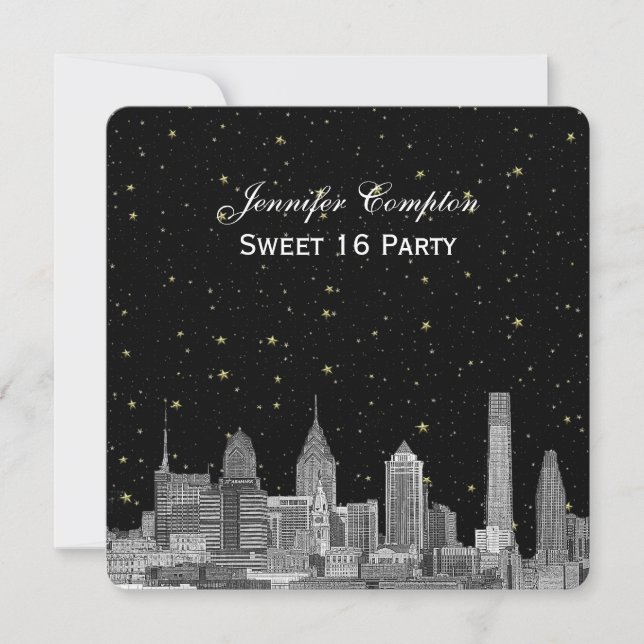 Convite Philadelphia Skyline Etch Starry DIY SQ Sweet 16 (Frente)