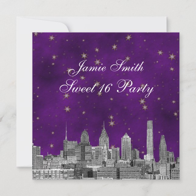 Convite Philadelphia Skyline Purple Dourada Star Sweet 16 (Frente)