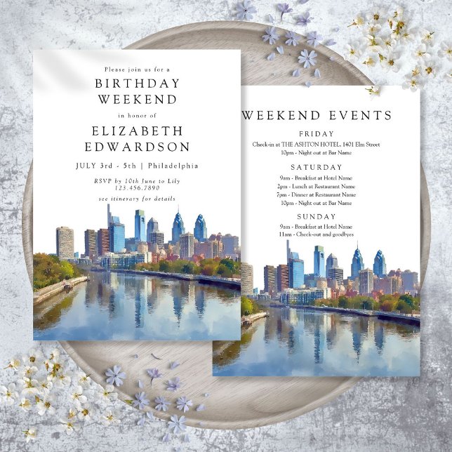 Convite Philadelphia Watercolor Birthday Weekend (Philadelphia Watercolor Birthday Weekend Invitation)
