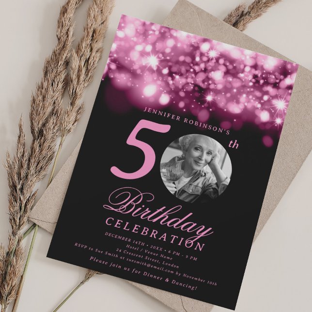 Convite Photo 50th Birthday Blush Pink Midnight Glam  (Photo 50th Birthday Blush Pink Midnight Glam Invitation)