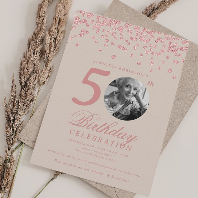 Convite Photo 50th Birthday Rose Gold Confetti Champagne  (Photo 50th Birthday Rose Gold Confetti Champagne Invitation)