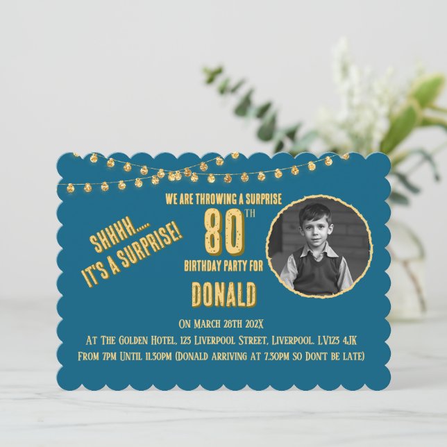Convite Photo 80th Teal & Gold Birthday Party Invitation (Em pé/Frente)