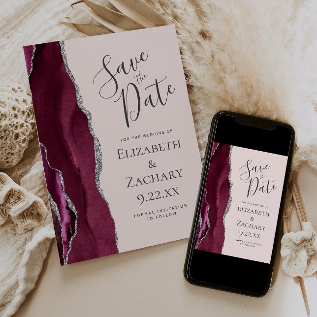 Convite Photo Agate Burgundy Silver Blush Save the Date (Criador carregado)
