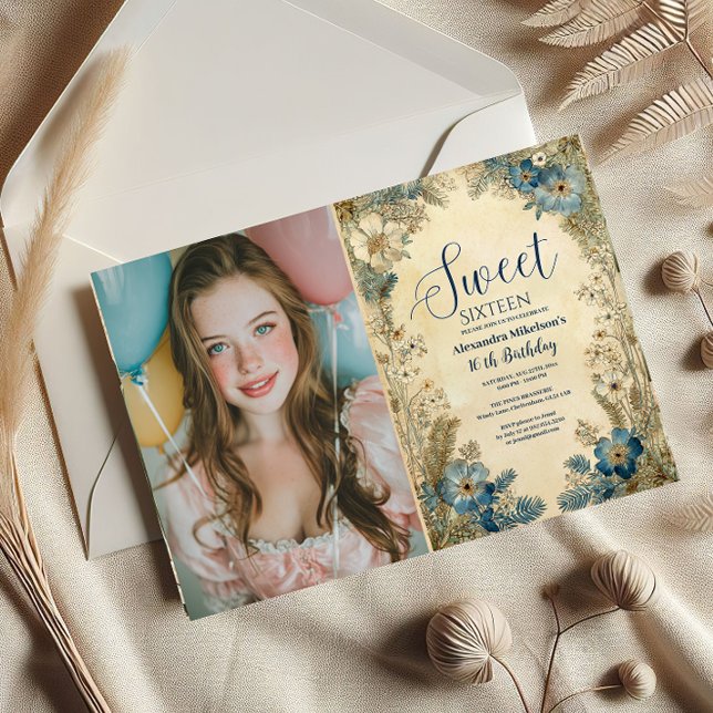 Convite Photo Antique Botanical Art Nouveau Sweet Sixteen (Criador carregado)