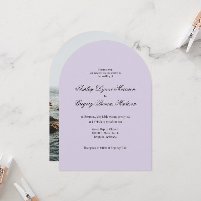 Convite Photo Arch Shaped Lavender Wedding Invitation (Frente/Verso In Situ)