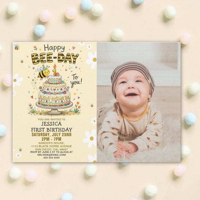Convite Photo Bee-Day 1st Birthday Invitation – Cute Bee (Criador carregado)