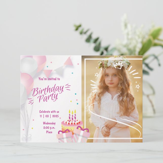 Convite Photo Birthday Invitation with Balloons & Cake (Em pé/Frente)