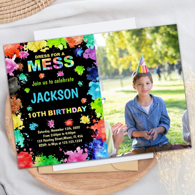 Convite Photo Black DressForMess Paint Aniversário (Photo Black DressForMess Paint Birthday Invitation)