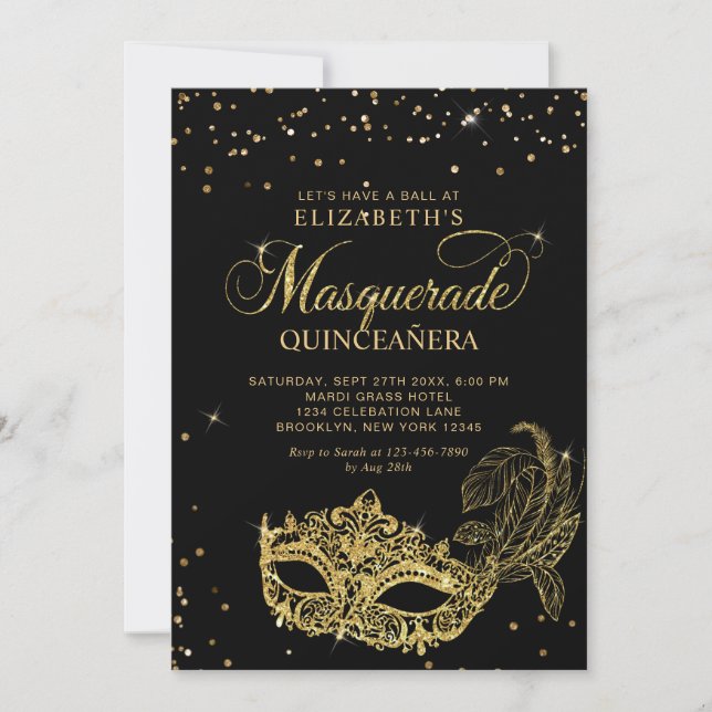 Convite Photo Black Gold Glitter Masquerade Quinceañera (Frente)