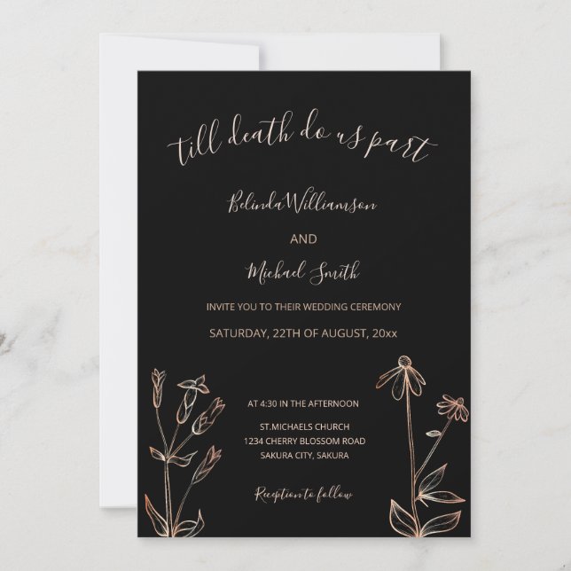 Convite PHOTO | Black Rose Gold Wildflower | Goth Wedding  (Frente)