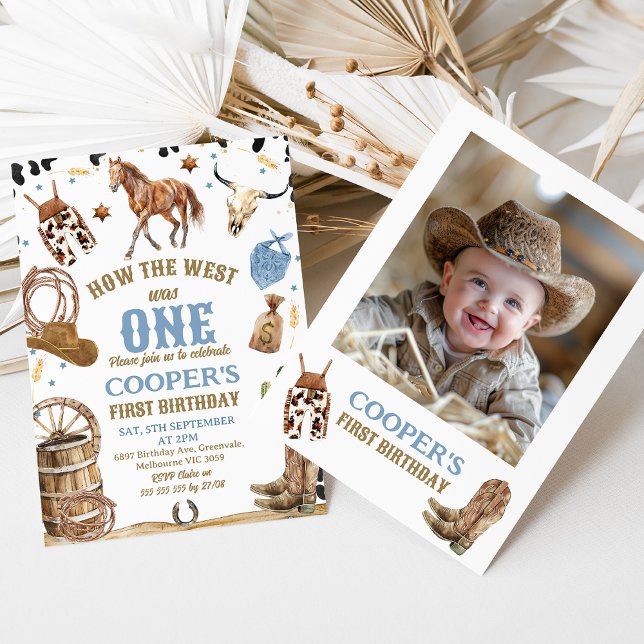 Convite Photo Blue Brown Como O Ocidente Era Um primeiro a (How The West Was One 1st Birthday Template For Boy, Western Cowboy Themed First Birthday Invitation)