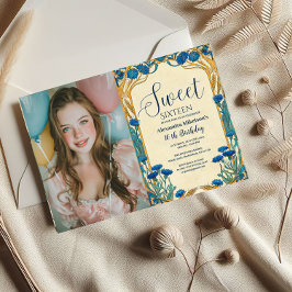 Convite Photo Blue Cornflower Art Nouveau Sweet Sixteen