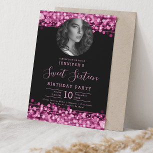 Convite PHOTO Blush Pink Sparkles Doce 16 Festa de anivers