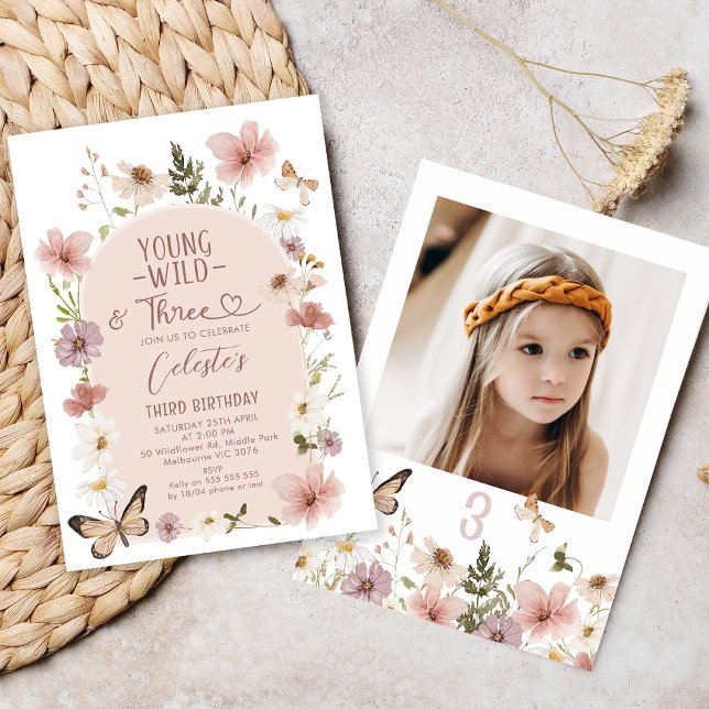 Convite Photo Blush Wildflower Young Wild Three Birthday  (Young, Wild and Three Birthday Invitation Wildflowers. Wildflowers 3rd Birthday Invitation Photo)