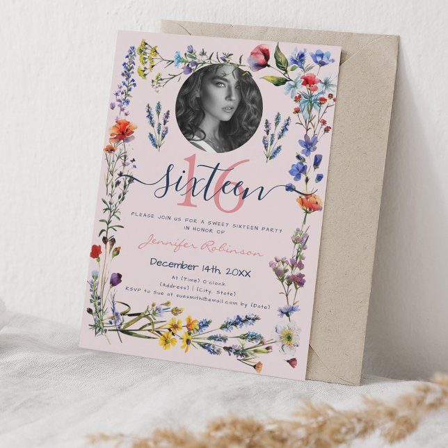 Convite PHOTO Boho Pressionado Flores Selvagens Sweet 16 B (PHOTO Boho Pressed Wildflowers Sweet 16 Blush Invitation)