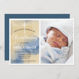 Convite Photo Boy Christening, Watercolor Blue e Dourado