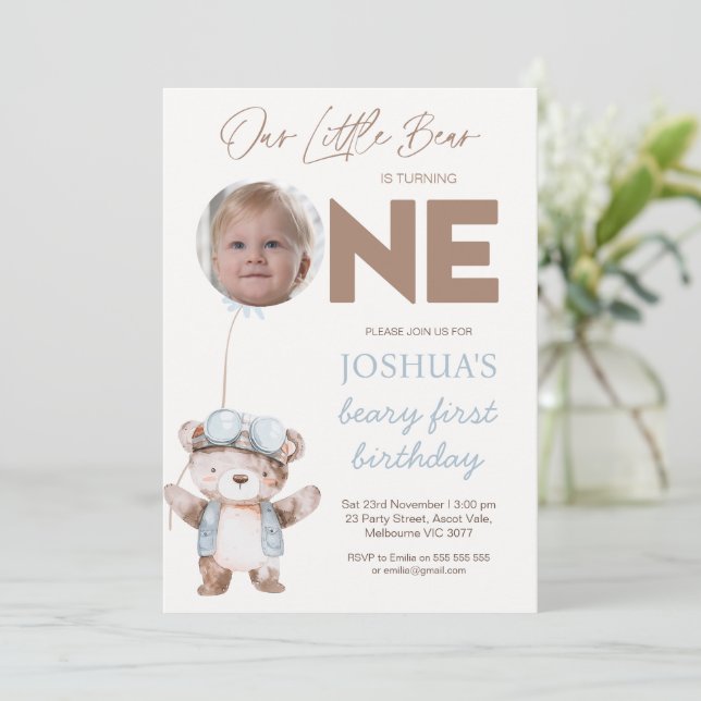 Convite Photo Brown Beary First Birthday Bear Birthday (Em pé/Frente)