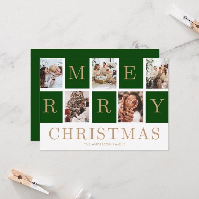 Convite Photo Collage Christmas Family Gold Holiday Card (Frente/Verso In Situ)