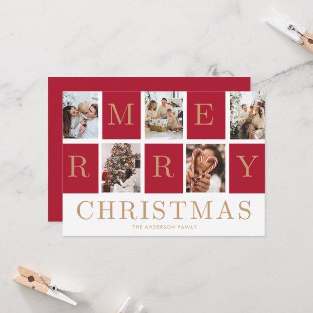 Convite Photo Collage Christmas Family Gold Holiday Card (Frente/Verso In Situ)