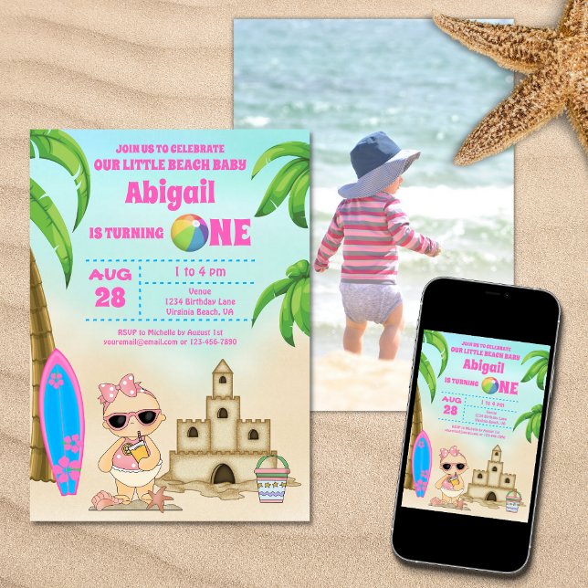 Convite PHOTO do primeiro aniversario de surfboard Girl Be (Printed (Front and Back) and Digital Girl Beach Baby Surfboard 1st Birthday PHOTO Invitation)