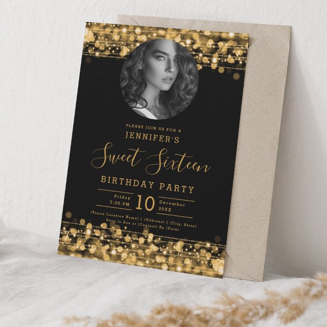 Convite PHOTO Dourado Sparkles Sweet 16 Festa de aniversár (PHOTO Gold Sparkles Sweet 16 Birthday Party Invitation)