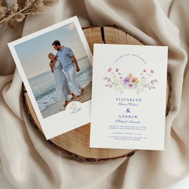 Convite Photo Dusty Blue Crest Floral Wedding (Criador carregado)