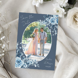 Convite Photo Dusty Blue Script Floral Save the Date Card
