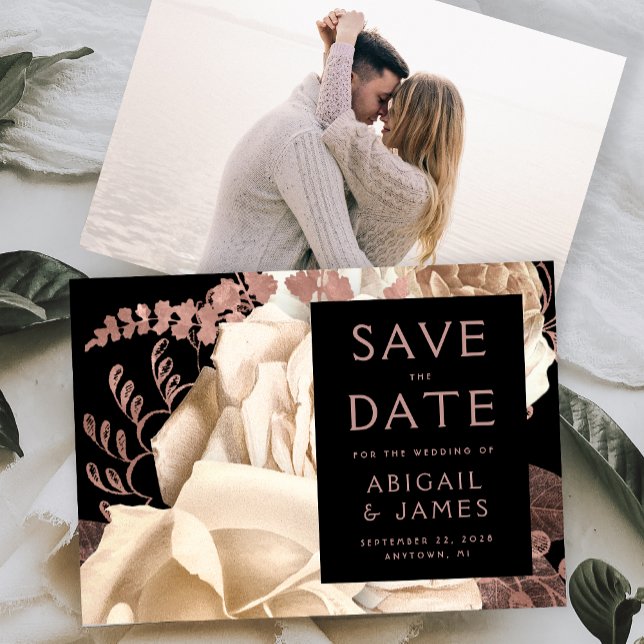Convite Photo Floral Ivory Rose Gold Save the Date (Criador carregado)