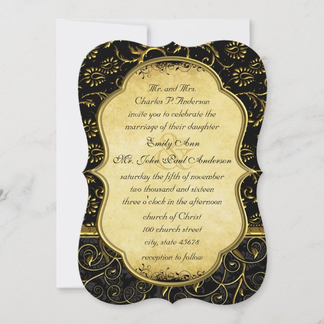 Convite Photo Gold Damask Swirls Wedding Invitation (Frente)