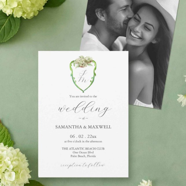 Convite Photo Hydrangea Wedding Monogram Invitations (wedding monogram invitations with green and white hydrangeas by Victoria of Do Tell A Belle)