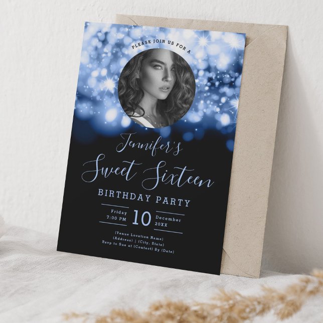 Convite PHOTO Marinho Hollywood Lights Sweet 16 Party (PHOTO Navy Hollywood Lights Sweet 16 Party Invitation)