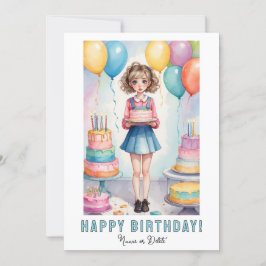 Convite *PHOTO NAME Birthday Card Girl Cake