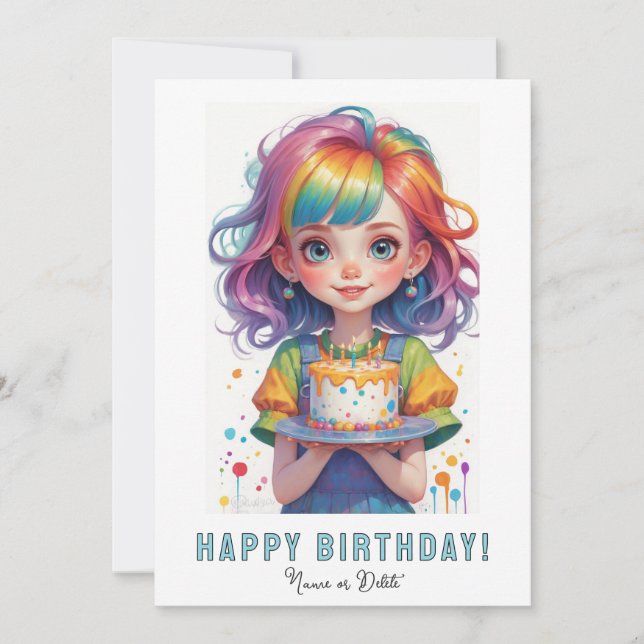 Convite *PHOTO NAME Birthday Girl Cake Rainbow Red Hair (Frente)