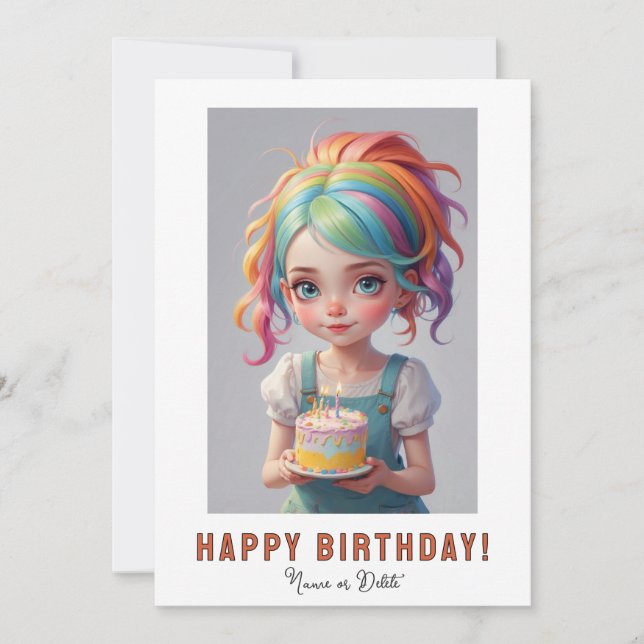 Convite *PHOTO NAME Birthday Girl Cake Red Blue Hair (Frente)