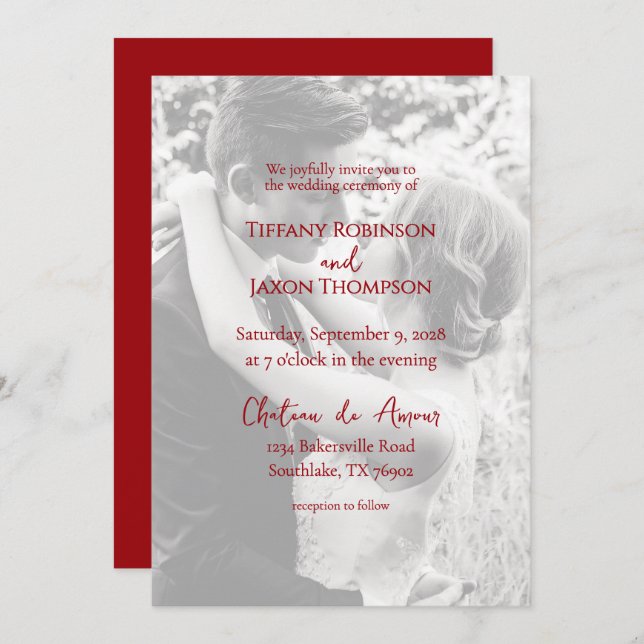 Convite Photo Overlay Lovely Red Text Minimalist Wedding (Frente/Verso)