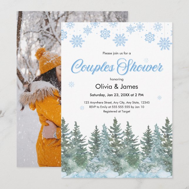 Convite Photo Pine Winter Snowflakes Couples Bridal Shower (Frente/Verso)