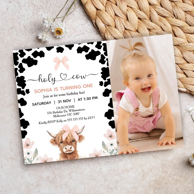 Convite Photo Pink Black Bow Holy Cow Birthday (Girls Holy Cow Birthday Invitation, Holy Cow Invitation, Highland Cow Birthday Invitation, Cow Theme)