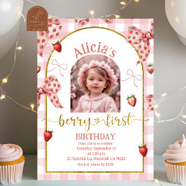 Convite Photo Pink Bow Strawberry Berry Sweet 1st Birthday