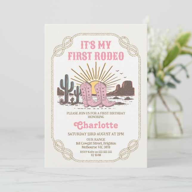 Convite Photo Pink Cowgirl Its My First Rodeo 1st Birthday (Em pé/Frente)