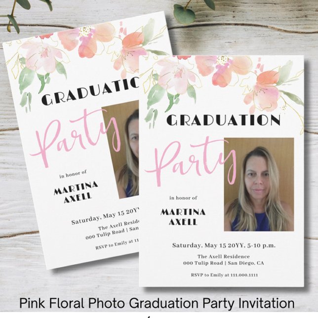 Convite Photo Pink Floral Graduation Party Invitation (Criador carregado)