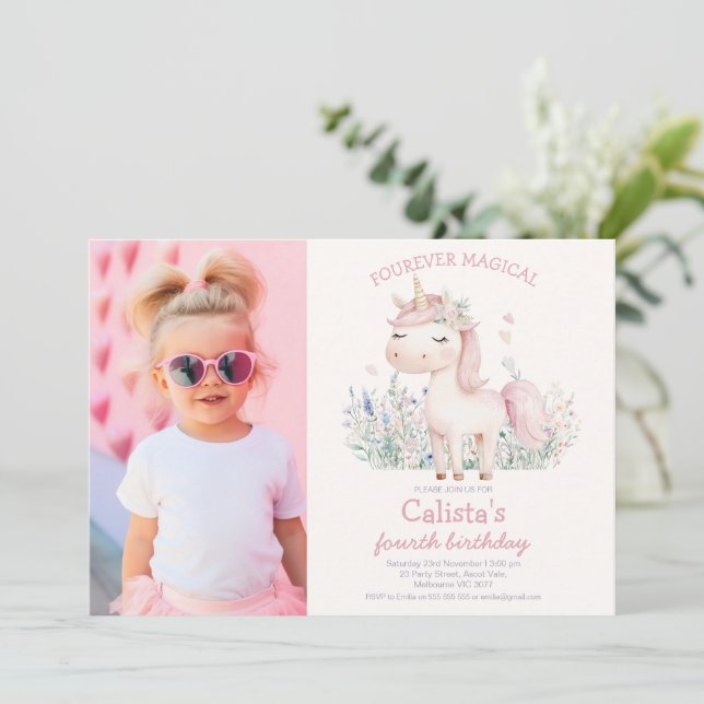 Convite Photo Pink Pastel Unicorn Birthday (Em pé/Frente)