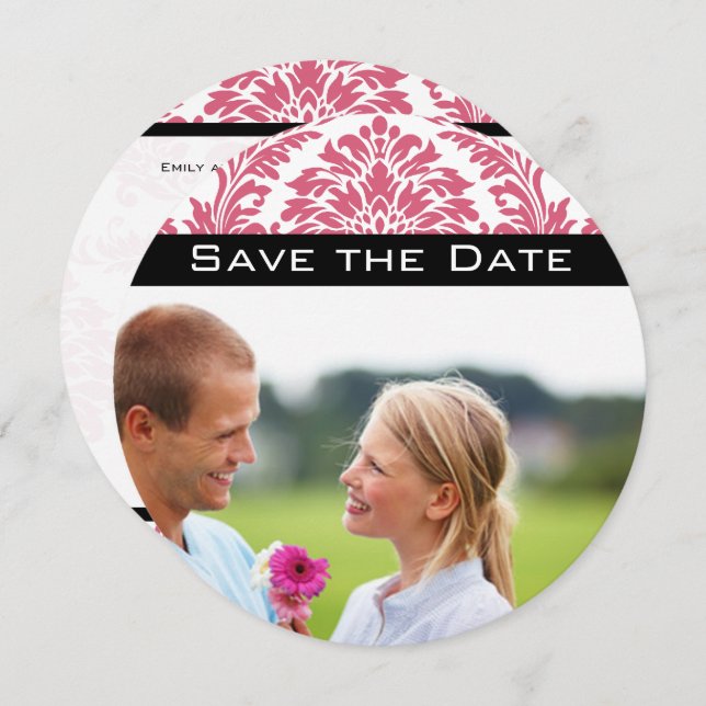 Convite Photo Pink Yarrow Damask Save the Date (Frente/Verso)