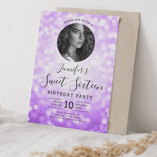 Convite PHOTO Purple Bokeh Lights Sweet 16 Party (PHOTO Purple Bokeh Lights Sweet 16 Party Invitation)