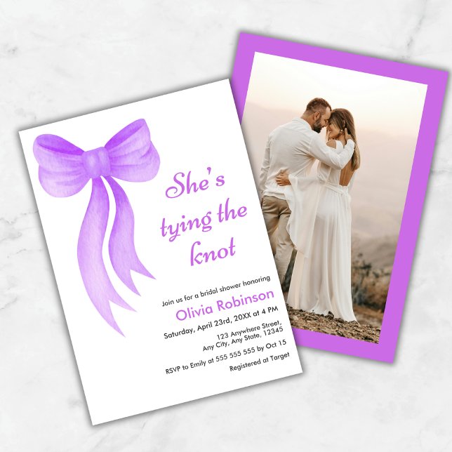 Convite Photo Purple Bow Shes Tying the Knot Bridal Shower (Photo Purple Bow Shes Tying the Knot Bridal Shower Invitation )