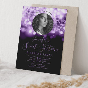 Convite PHOTO Purple Hollywood Lights Sweet 16 Party