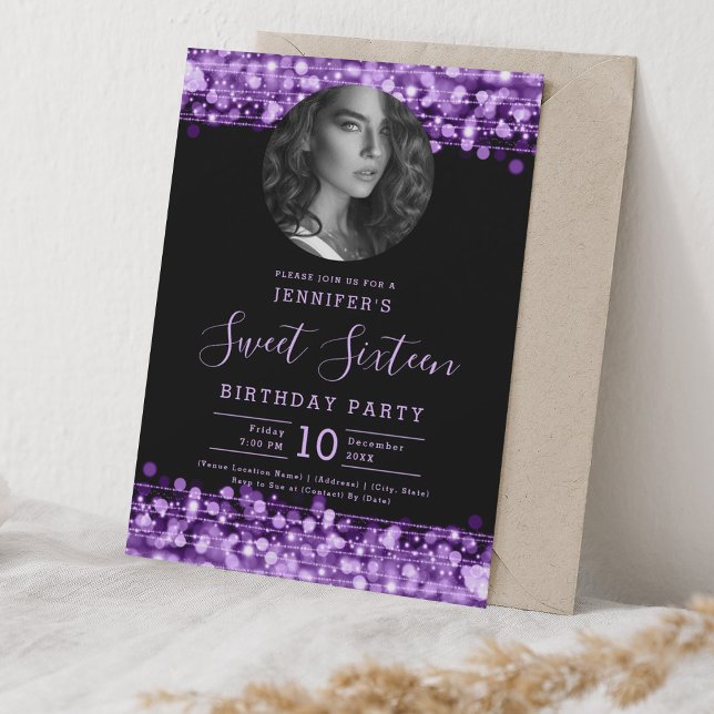 Convite PHOTO Purple Sparkles Sweet 16 Festa de aniversári (PHOTO Purple Sparkles Sweet 16 Birthday Party Invitation)
